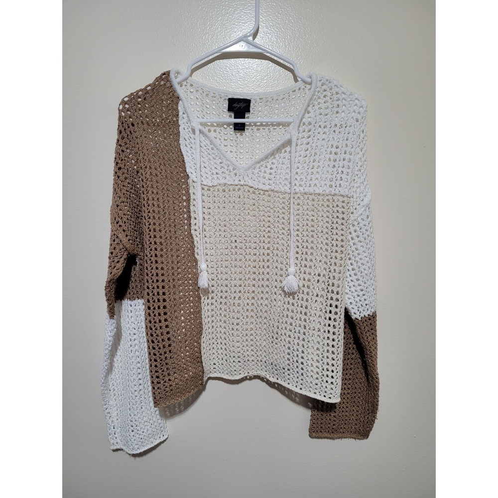 Daytrip Crochet Knit Sweater Women S White Brown‎ Colorblock Boho V-Neck